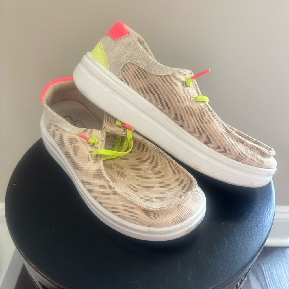 Hey Dude Beige and Neon Women's Sneakers